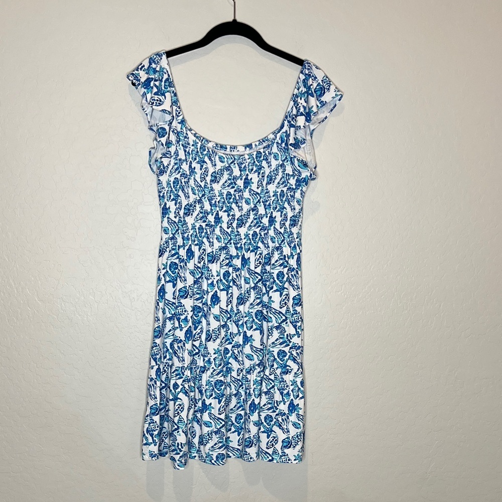 Lilly Pulitzer Floral Blue and White Smocked bodice summer Dress size large - Picture 8 of 11